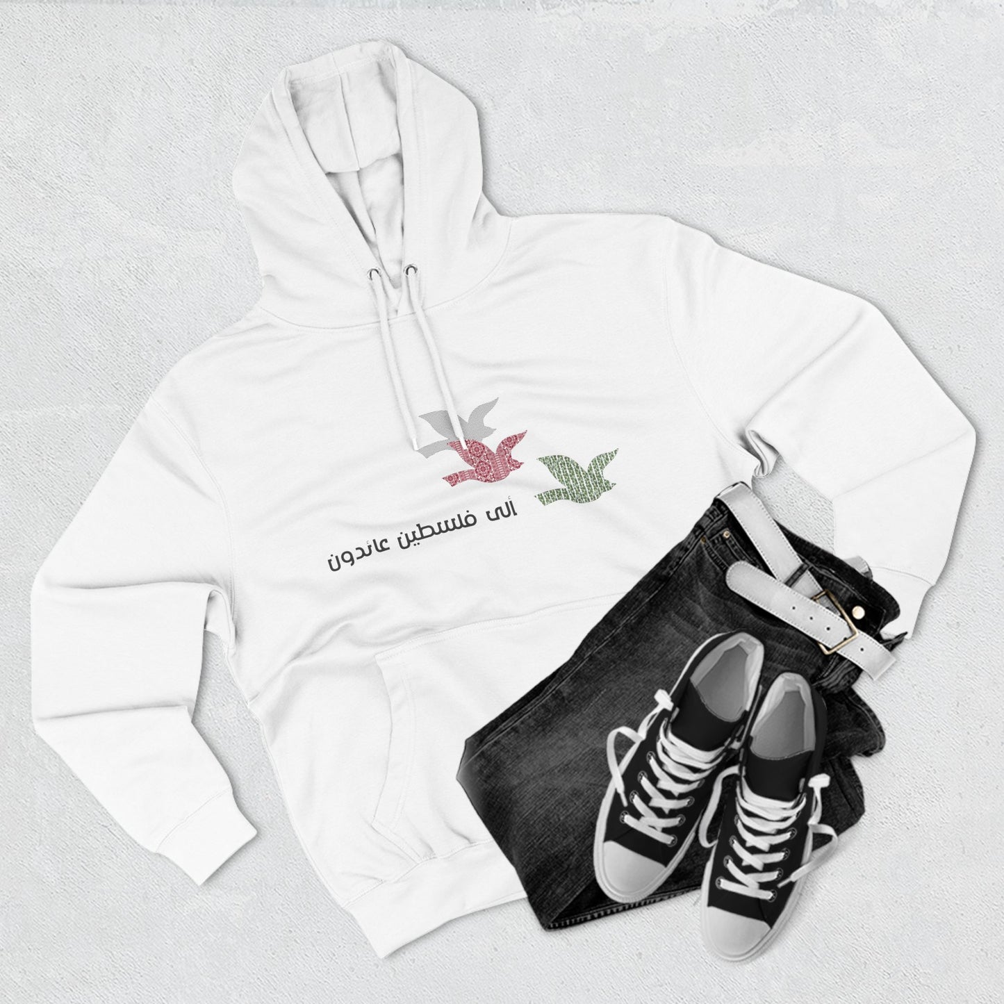 Three-Panel Fleece Hoodie Peace Pigeons Palestinian heritage