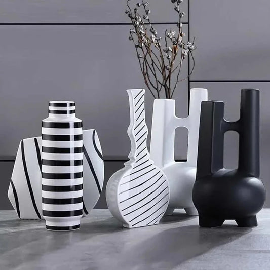 Classic Black and White Striped Ceramic Vase TV Cabinet Porch Furnishings Crafts Countertop Hydroponic Vase Home Decoration Gift