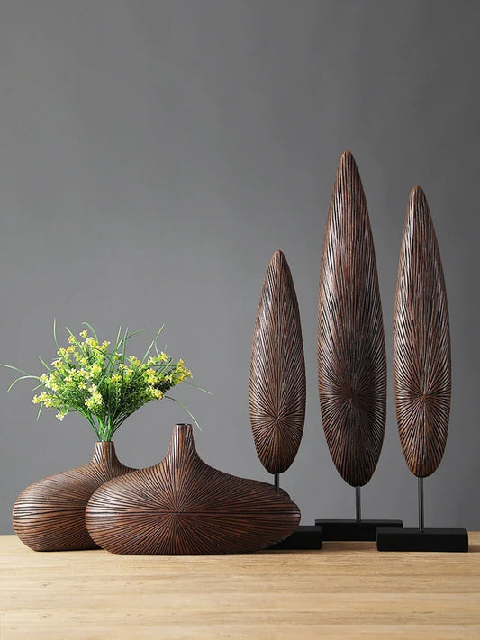 Modern Line Stripe Resin Vase Flower Arrangement Dried Flower Imitation Wood Vase Bookcase Desktop Decoration Crafts Furnishings