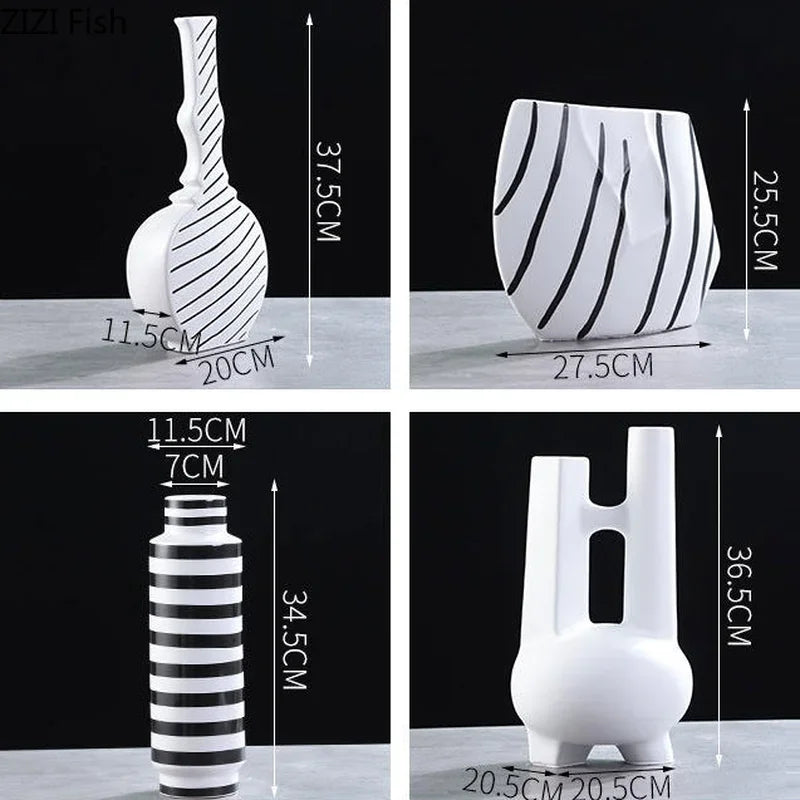 Classic Black and White Striped Ceramic Vase TV Cabinet Porch Furnishings Crafts Countertop Hydroponic Vase Home Decoration Gift