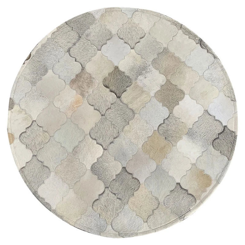 Modern Simple Cowhide Mosaic Round Area Rug Decor Leather Carpet