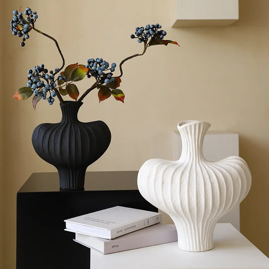 Black, Clay and White Ceramic Vase Floral Ornaments