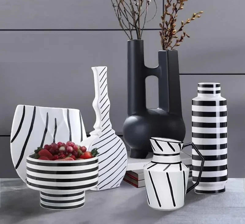 Classic Black and White Striped Ceramic Vase TV Cabinet Porch Furnishings Crafts Countertop Hydroponic Vase Home Decoration Gift